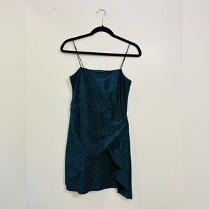 Trixxi Metallic Asymmetrical Spaghetti String Teal Dress